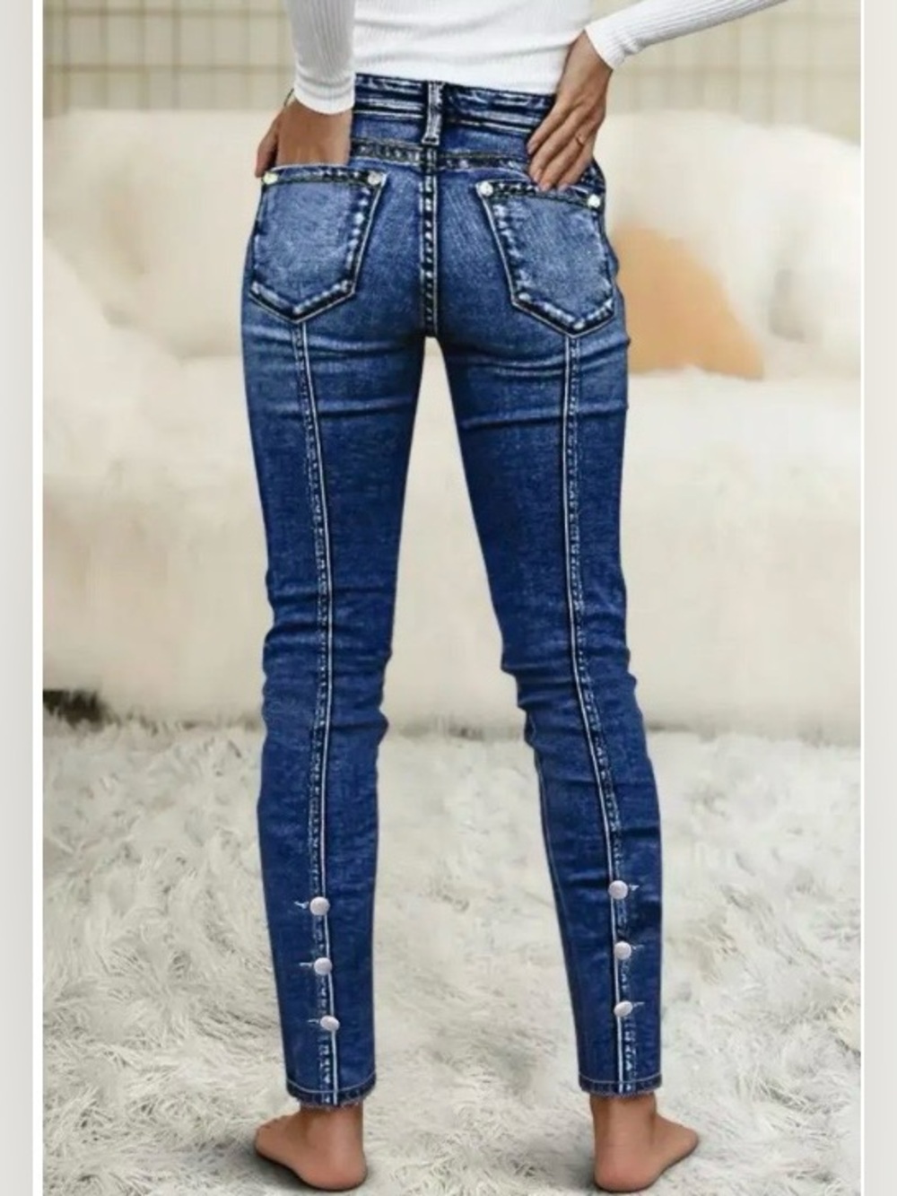 Flamingals Button Side Stitch Detail Mid Waist Skinny Jeans Size Medium NWT